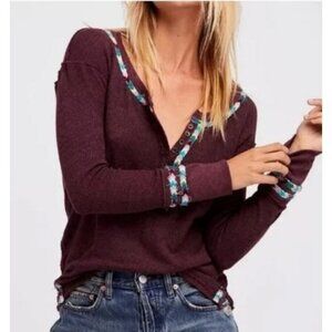 We the Free Henley Rainbow Trim Thermal Burgundy Small Free People